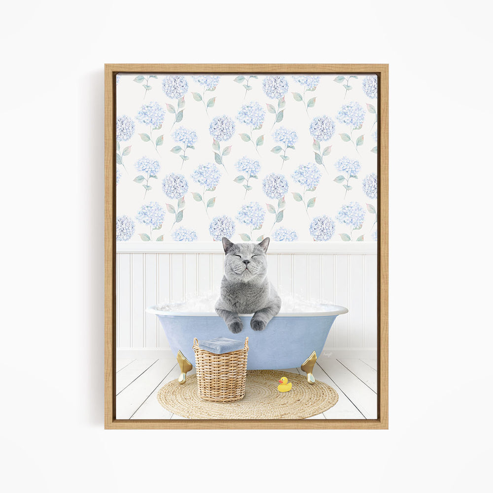 A gray cat sitting in a blue bathtub filled with water, surrounded by a wicker basket and rubber ducks.