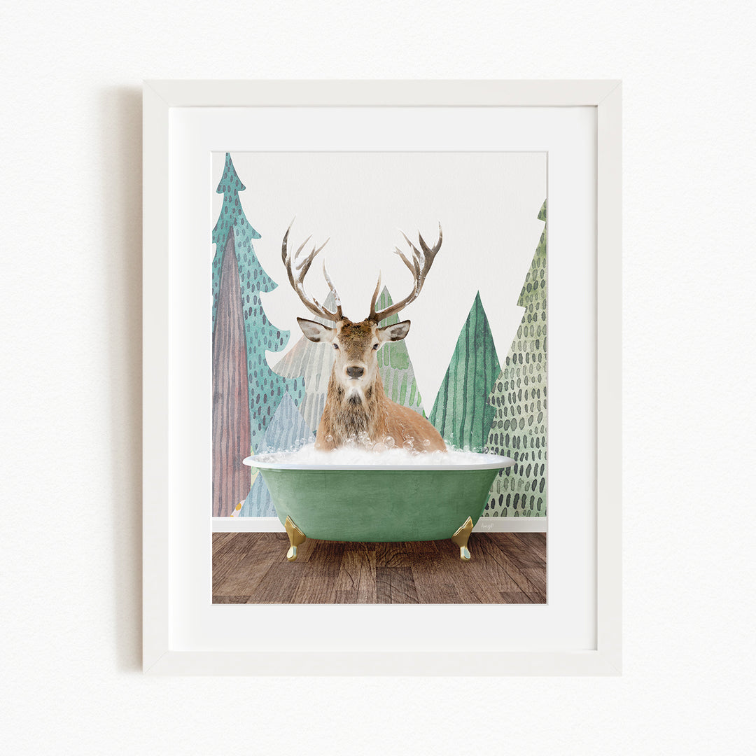 A deer with antlers is sitting in a green bathtub, surrounded by a forest scene with trees and a snowy landscape.