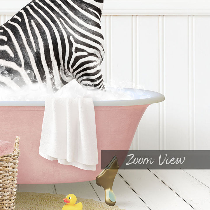 A zebra standing in a pink bathtub filled with water, surrounded by a yellow rubber duck and a white towel.