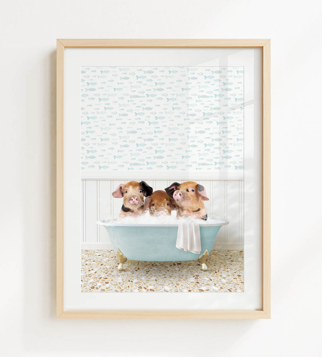 Three adorable pigs sitting in a bathtub filled with water, surrounded by a patterned wallpaper.