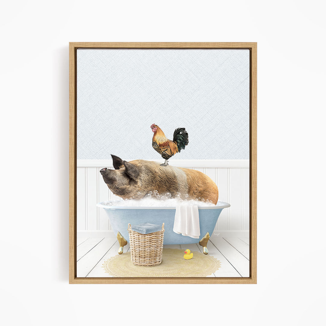 A rooster sits atop a pig in a blue bathtub, surrounded by rubber ducks, in a whimsical and playful scene.