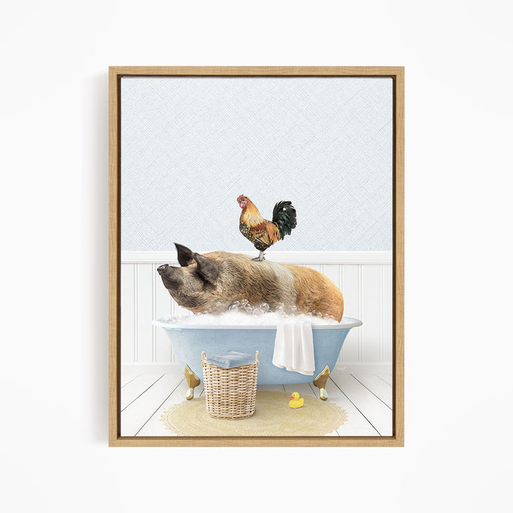 A rooster sits atop a pig in a blue bathtub, surrounded by rubber ducks, in a whimsical and playful scene.