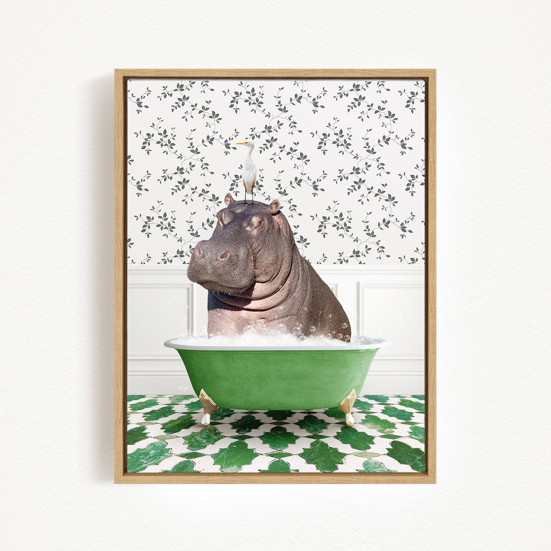 A hippopotamus sitting in a green bathtub filled with water, surrounded by a patterned wall and green and white tiles.
