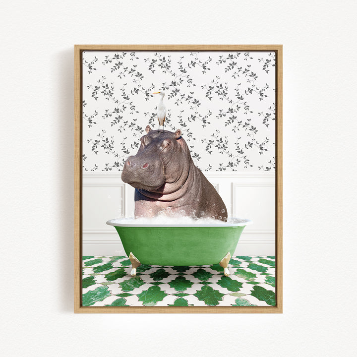 A hippopotamus sitting in a green bathtub filled with water, surrounded by a patterned wall and green and white tiles.