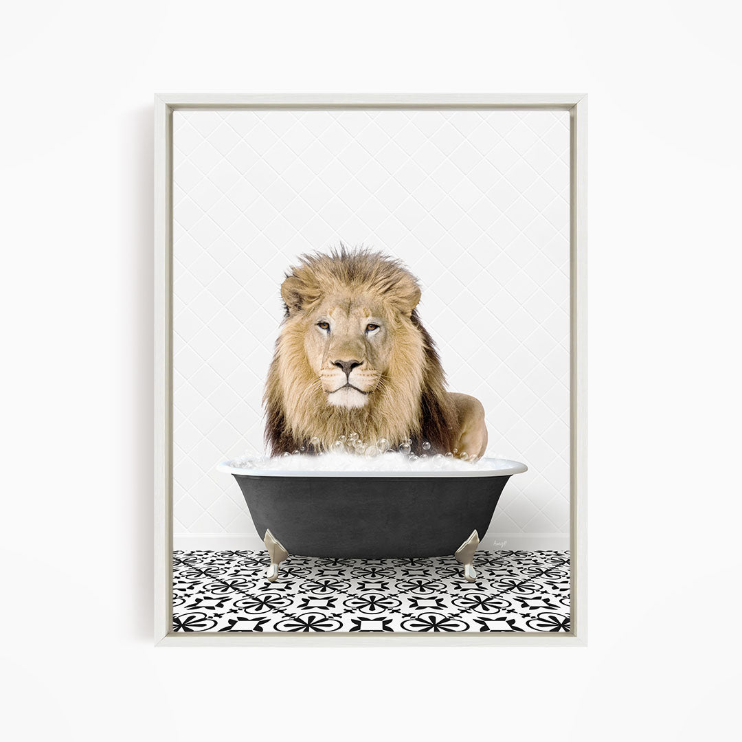 A lion sitting in a bathtub filled with water, surrounded by a black and white patterned floor.