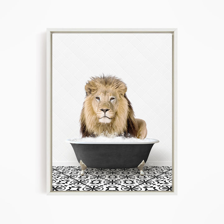 A lion sitting in a bathtub filled with water, surrounded by a black and white patterned floor.