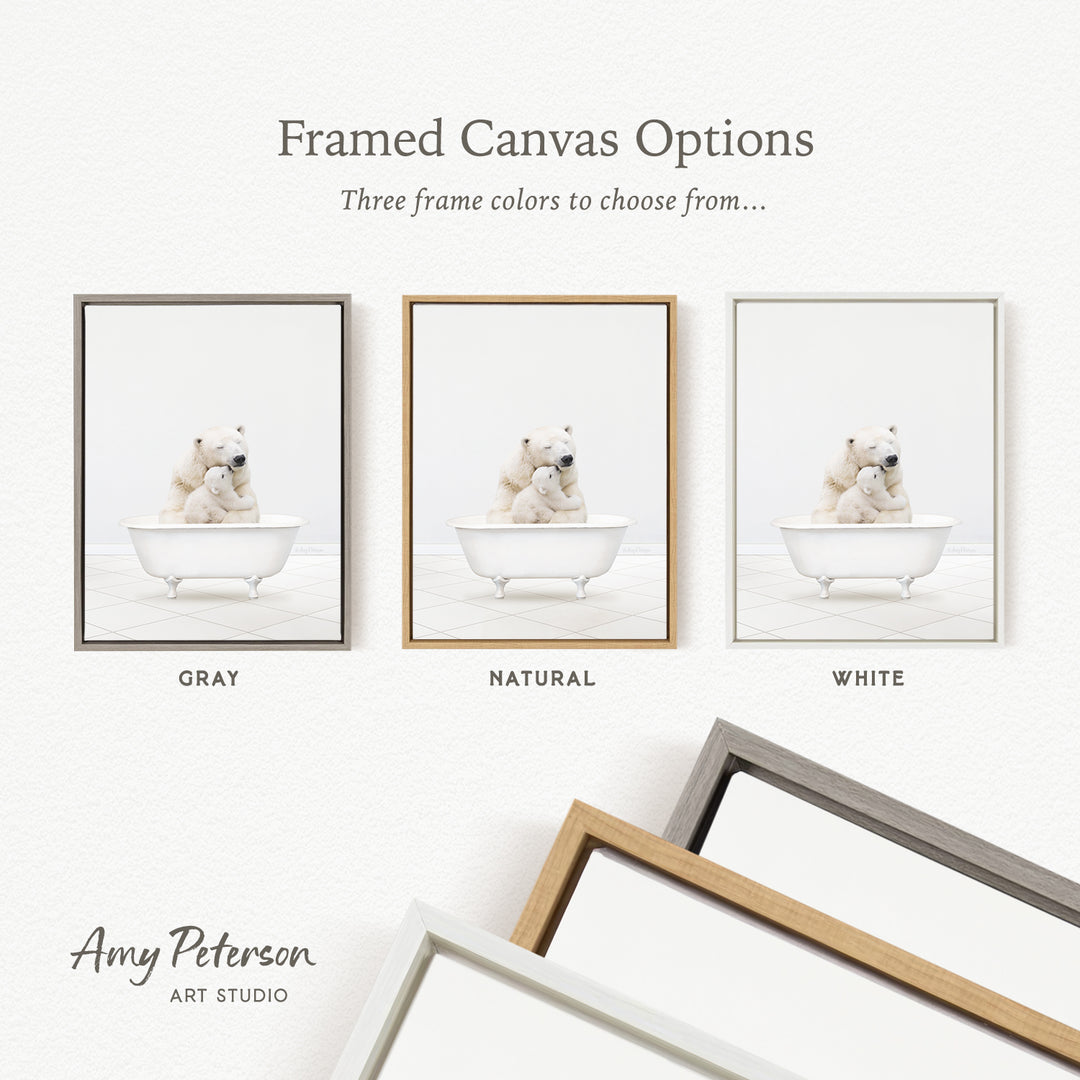three framed canvas options, each featuring a white teddy bear in a bathtub. The options include a gray frame, a natural frame, and a white frame.
