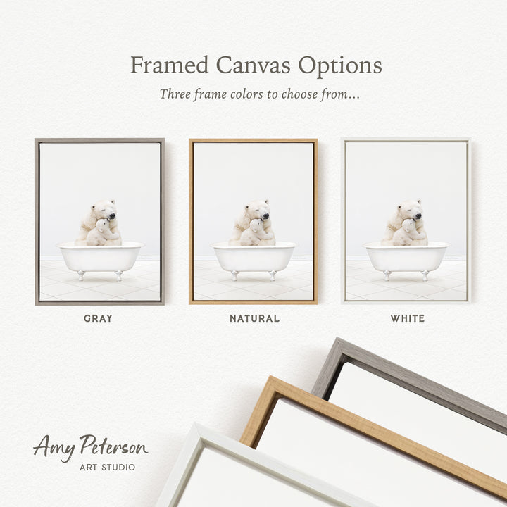 three framed canvas options, each featuring a white teddy bear in a bathtub. The options include a gray frame, a natural frame, and a white frame.