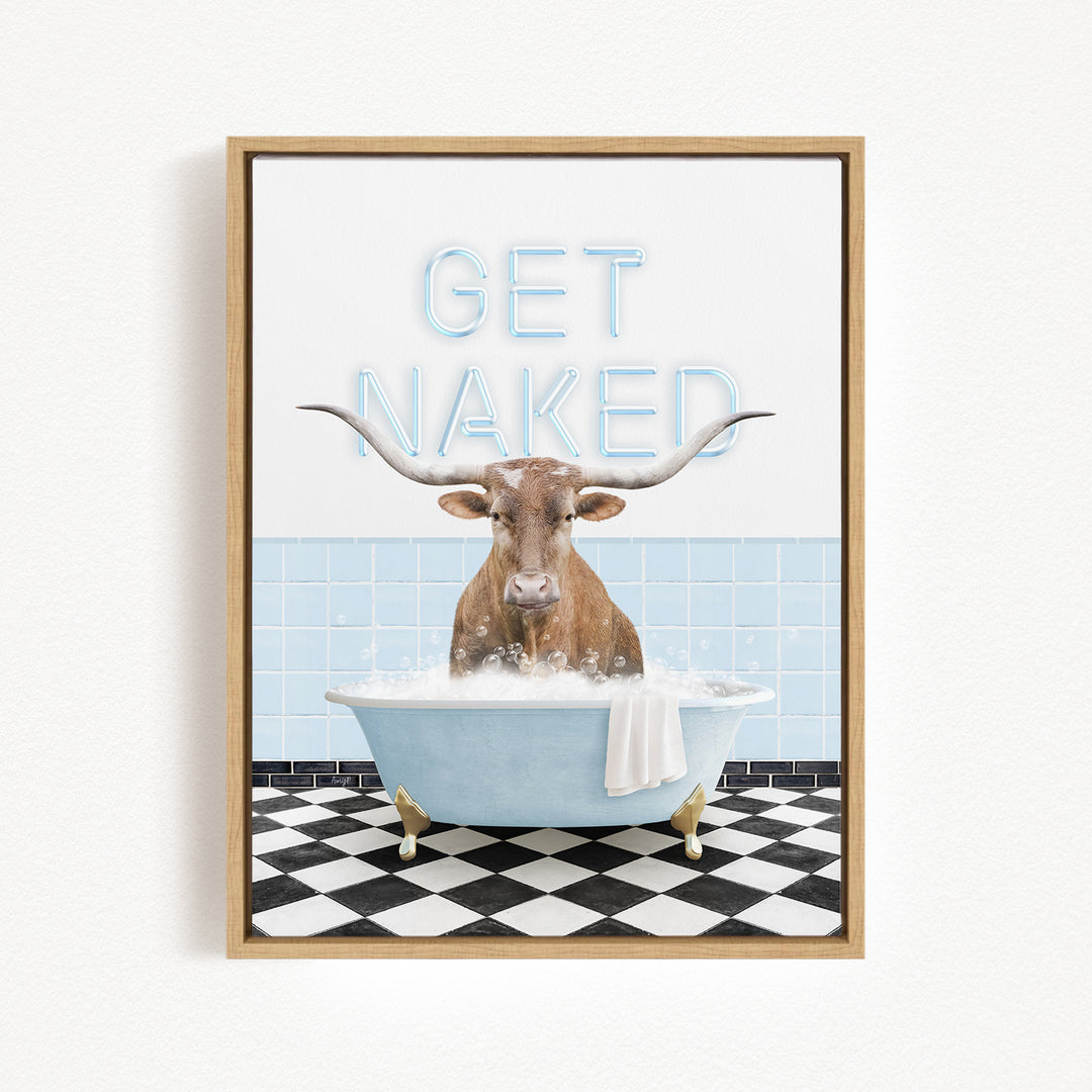 a bull with horns sitting in a bathtub filled with bubbles, with the text "GET NAKED" displayed above it.