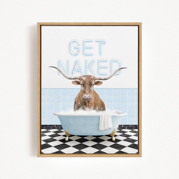 a bull with horns sitting in a bathtub filled with bubbles, with the text "GET NAKED" displayed above it.