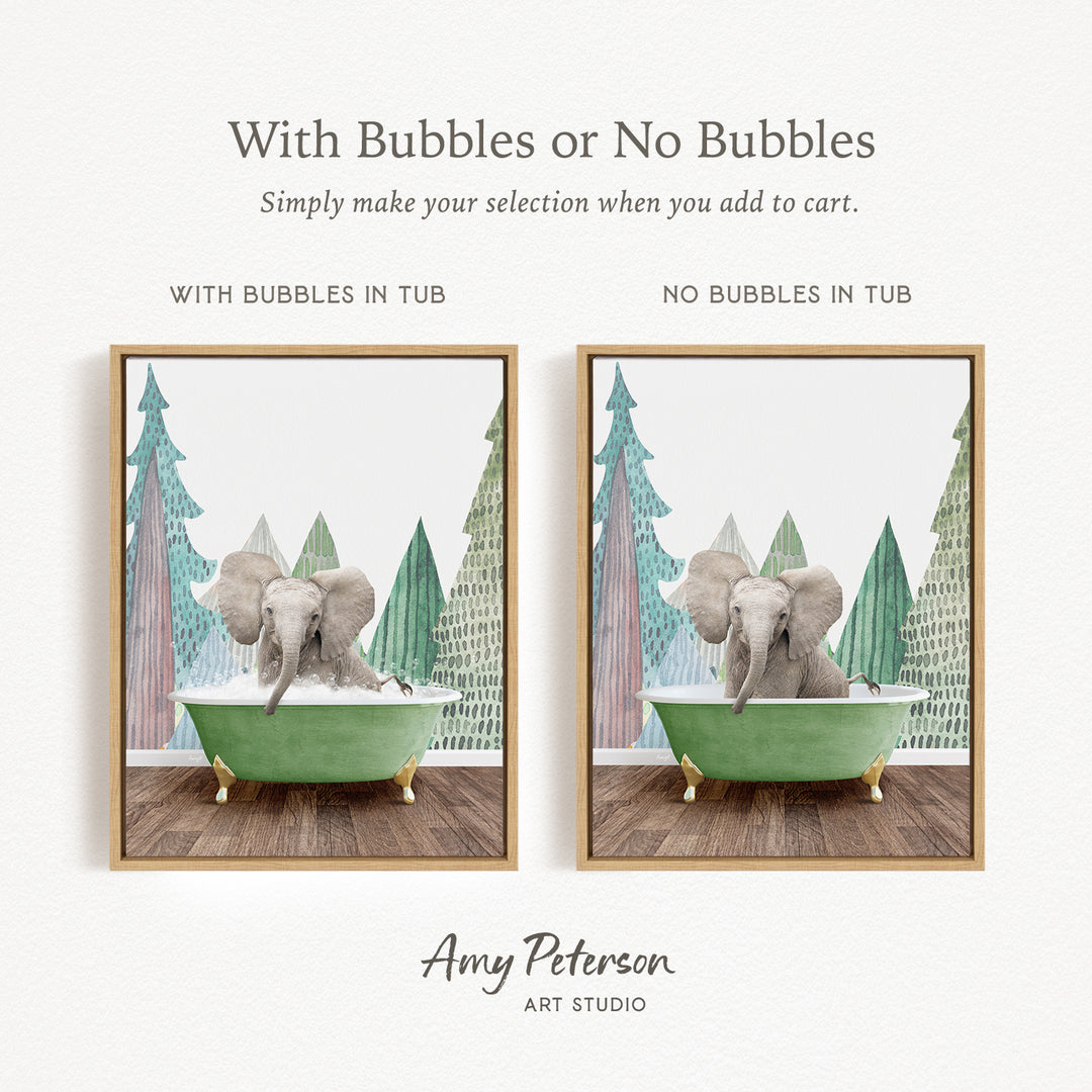 The image is a collage of two pictures featuring an elephant sitting in a green bathtub. The text above the images reads "With Bubbles or No Bubbles" and below the images, it says "Simply make your selection when you add to cart."