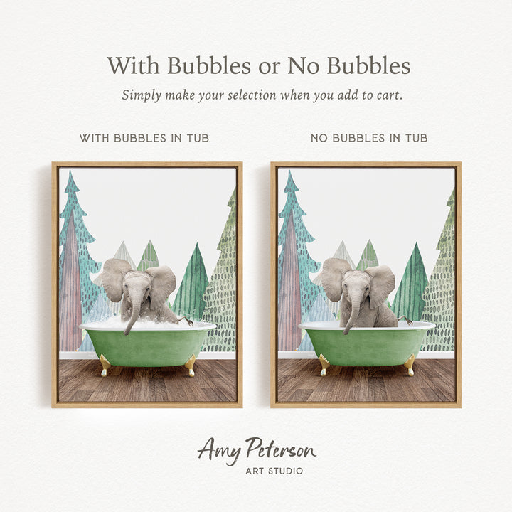 The image is a collage of two pictures featuring an elephant sitting in a green bathtub. The text above the images reads "With Bubbles or No Bubbles" and below the images, it says "Simply make your selection when you add to cart."
