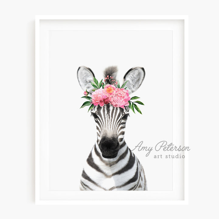 a zebra with a flower crown on its head