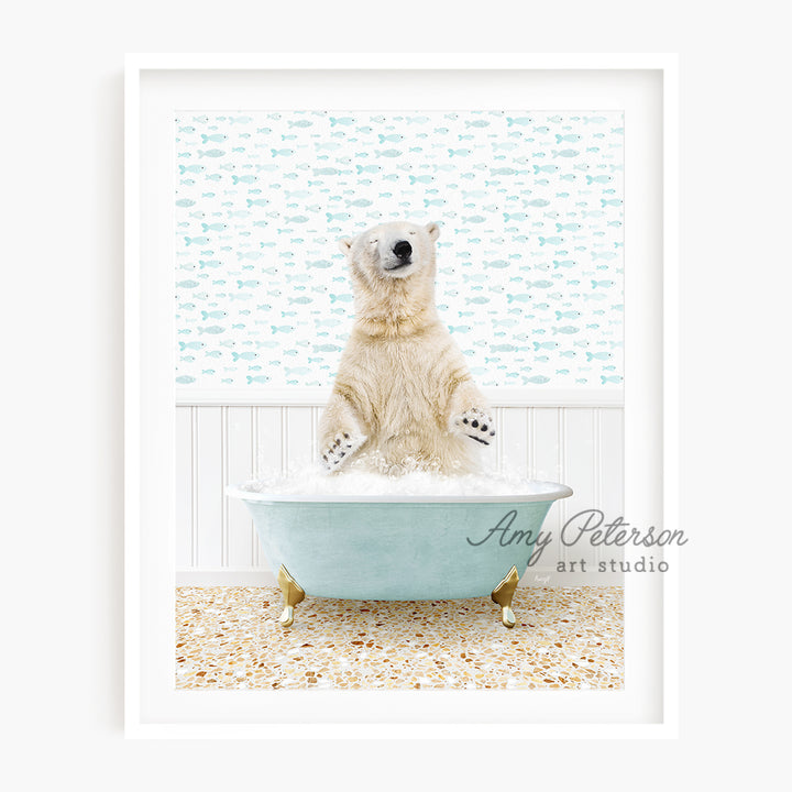 a polar bear sitting in a bath tub