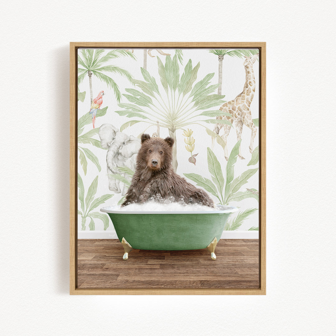 A brown bear is sitting in a green bathtub, surrounded by a tropical wallpaper with palm trees, giraffes, and other animals.