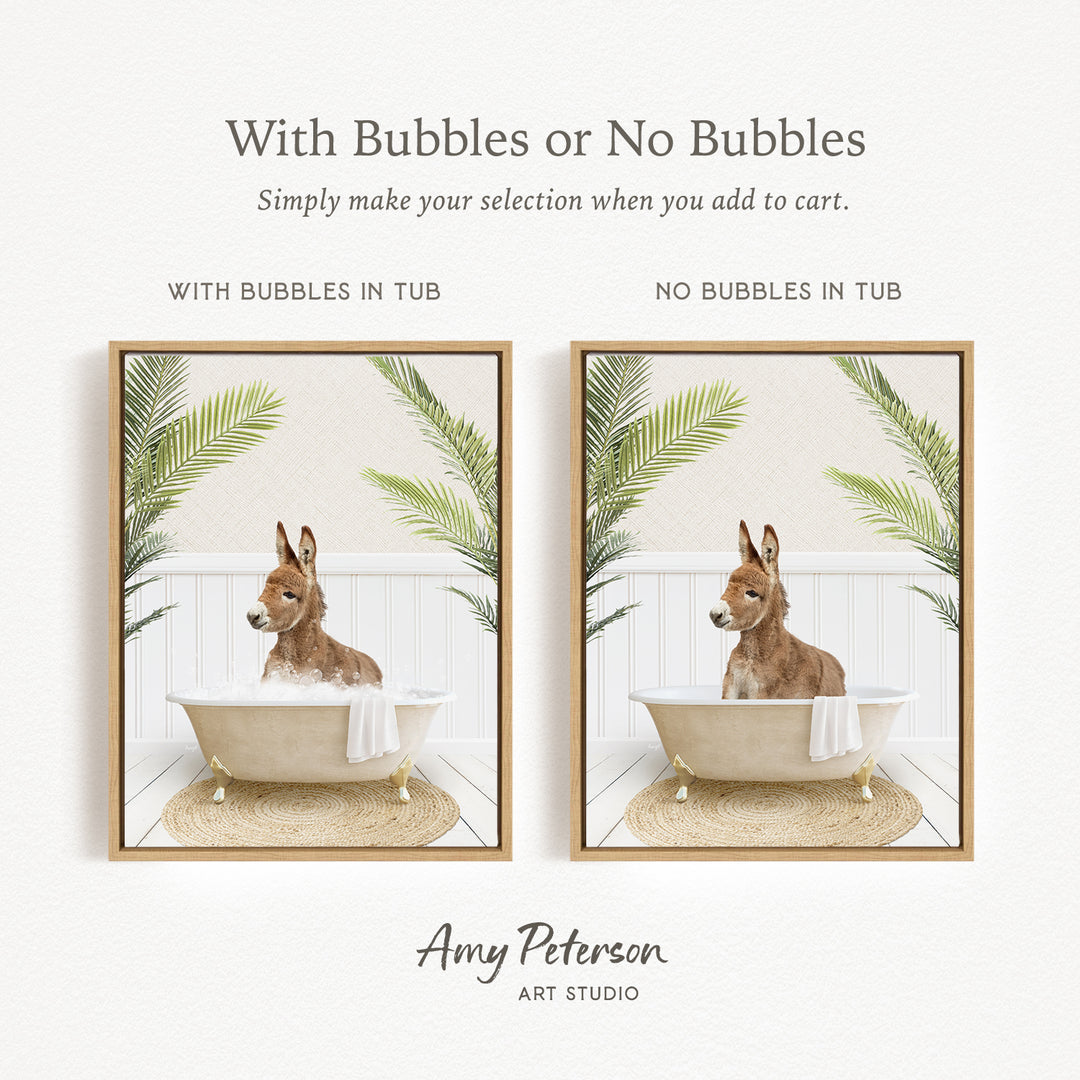 The image is a collage of two pictures featuring a donkey sitting in a bathtub. The donkey is surrounded by palm leaves, creating a tropical atmosphere. The collage includes a frame with bubbles and a frame without bubbles, allowing the viewer to choose which version they prefer.