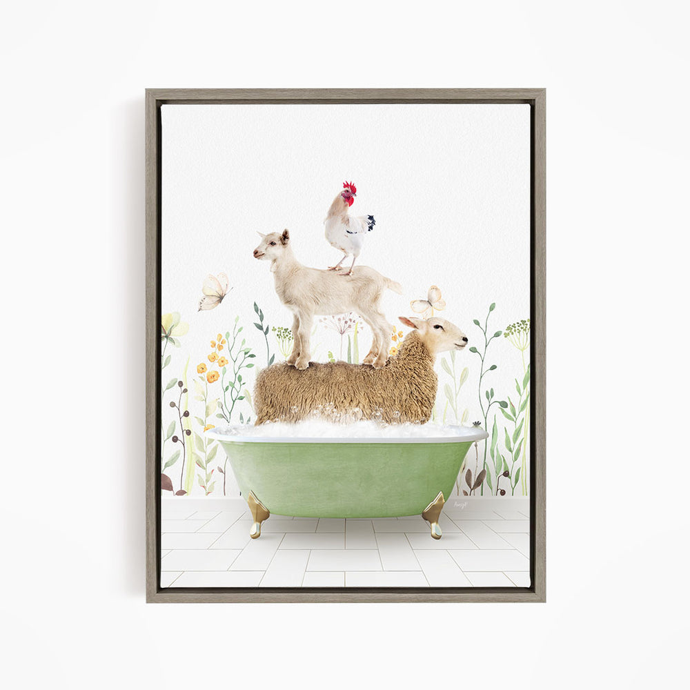 A framed image depicting a sheep standing on a green bathtub, with a chicken perched on top of it, and a lamb sitting on the tub's edge.