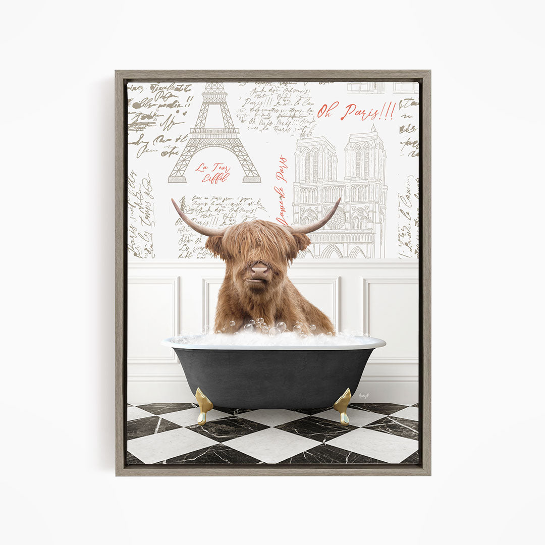 A brown cow with horns is sitting in a bathtub filled with water, surrounded by a checkered floor and a wall with the Eiffel Tower and other Parisian landmarks.