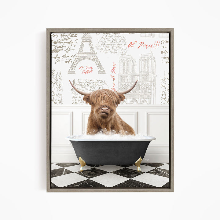 A brown cow with horns is sitting in a bathtub filled with water, surrounded by a checkered floor and a wall with the Eiffel Tower and other Parisian landmarks.