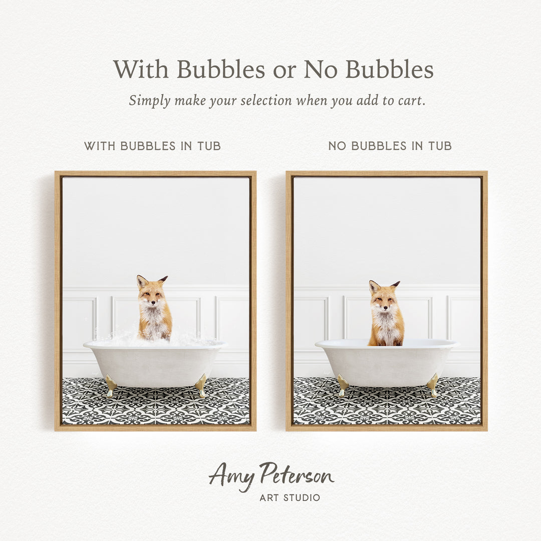 The image is a collage of two framed pictures, each featuring a cat sitting in a bathtub. The cat appears to be a fox, and the bathtub is white. The text above the images reads "With Bubbles or No Bubbles" and below the images, it says "Simply make your selection when you add to cart."