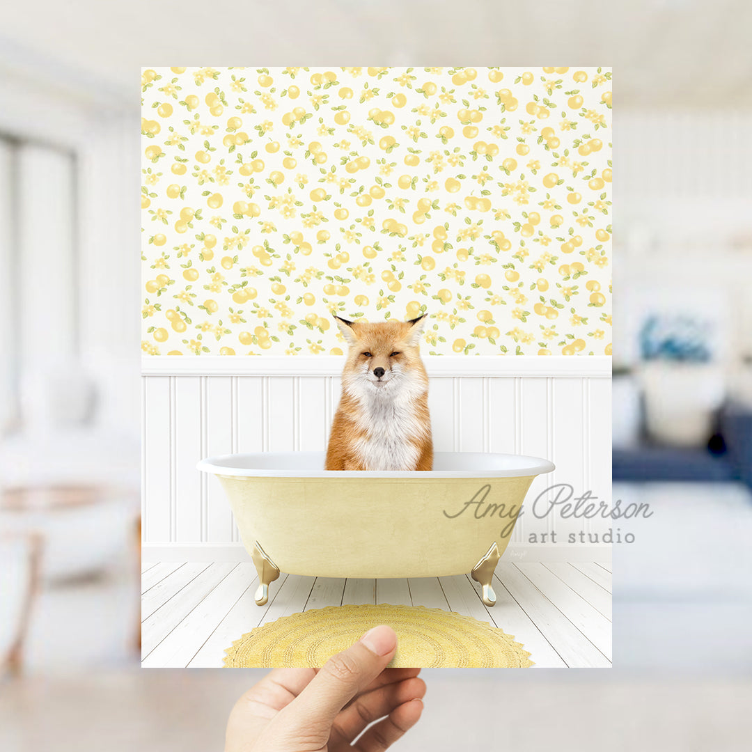 a person holding up a card with a picture of a fox in a bathtub