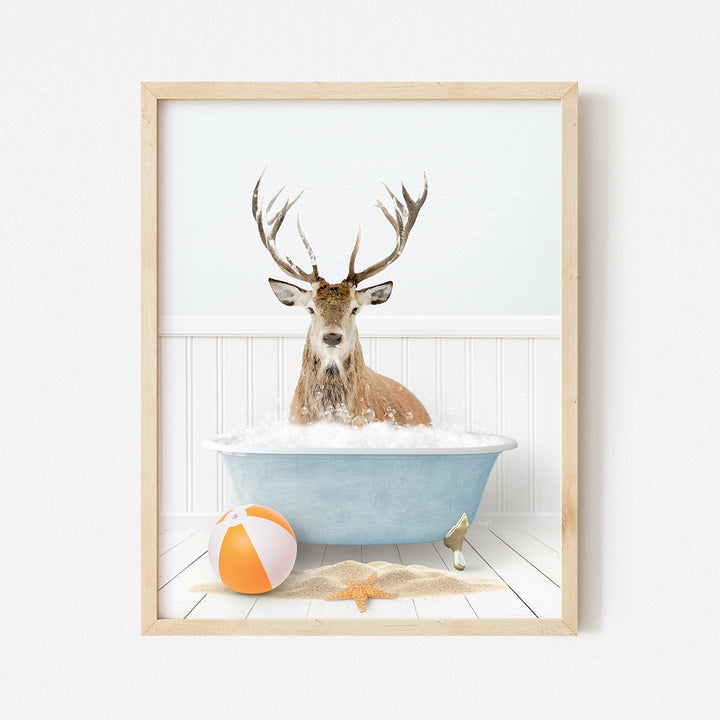 a deer is taking a bath in a blue bathtub