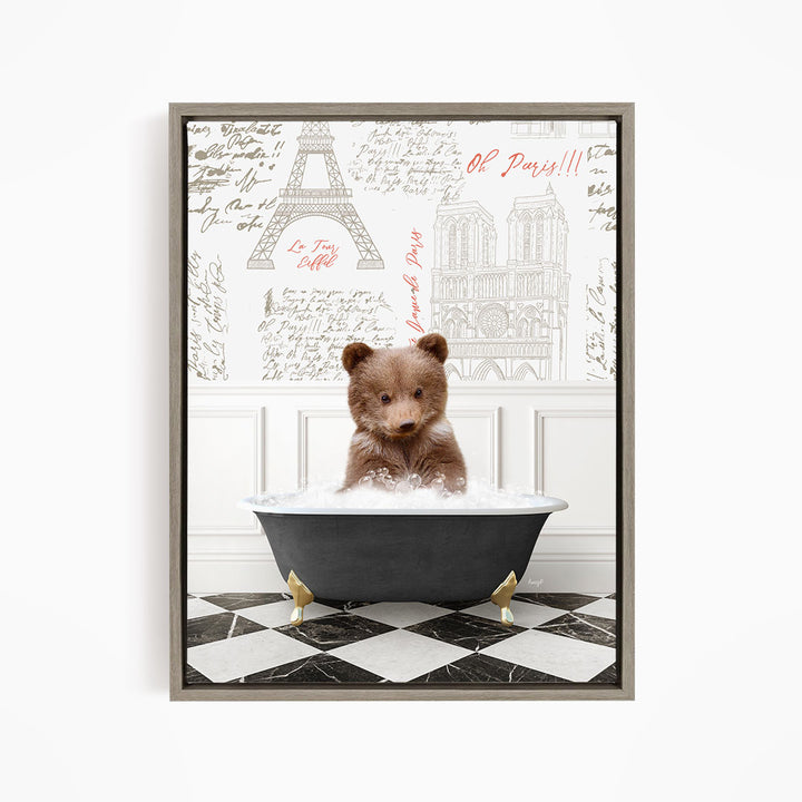 A teddy bear sitting in a bathtub filled with water, surrounded by a checkered floor and a wall with the Eiffel Tower and other Parisian landmarks.