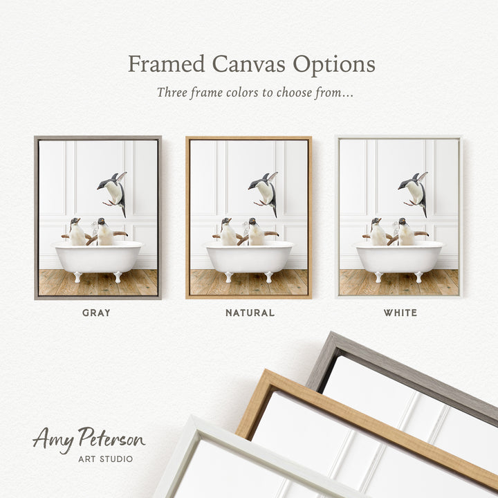 three framed canvas options, each featuring a different color: gray, natural, and white. The text above the images reads " framed Canvas Options" and "Three frame colors to choose from...". The text below the images reads " Amy Peterson ART STUDIO".