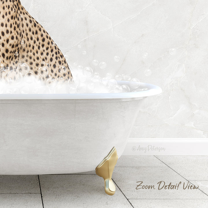 A leopard sitting in a white bathtub filled with bubbles, with a text overlay that reads "Zoom Detail View".