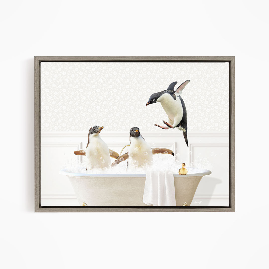 A framed image depicting three penguins sitting in a bathtub, with one penguin flying out of the tub.