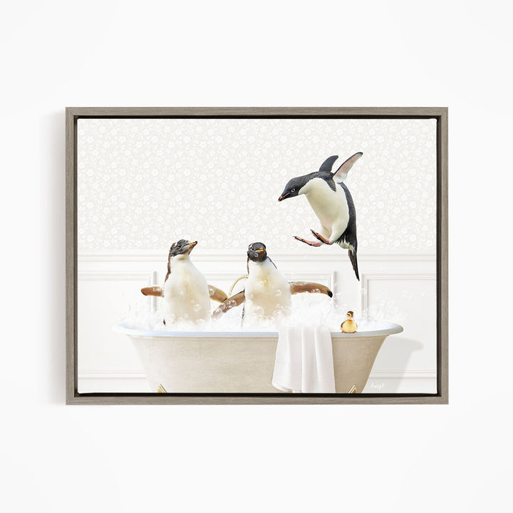 A framed image depicting three penguins sitting in a bathtub, with one penguin flying out of the tub.