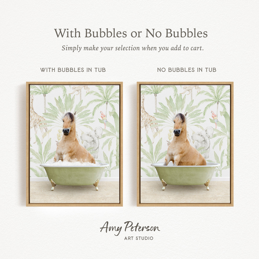 The image is a collage of two pictures featuring a horse in a bathtub. The first picture shows the horse sitting in the tub with bubbles, while the second picture shows the horse sitting in the tub without bubbles. The text above the images reads "With Bubbles or No Bubbles Simply make your selection when you add to cart."