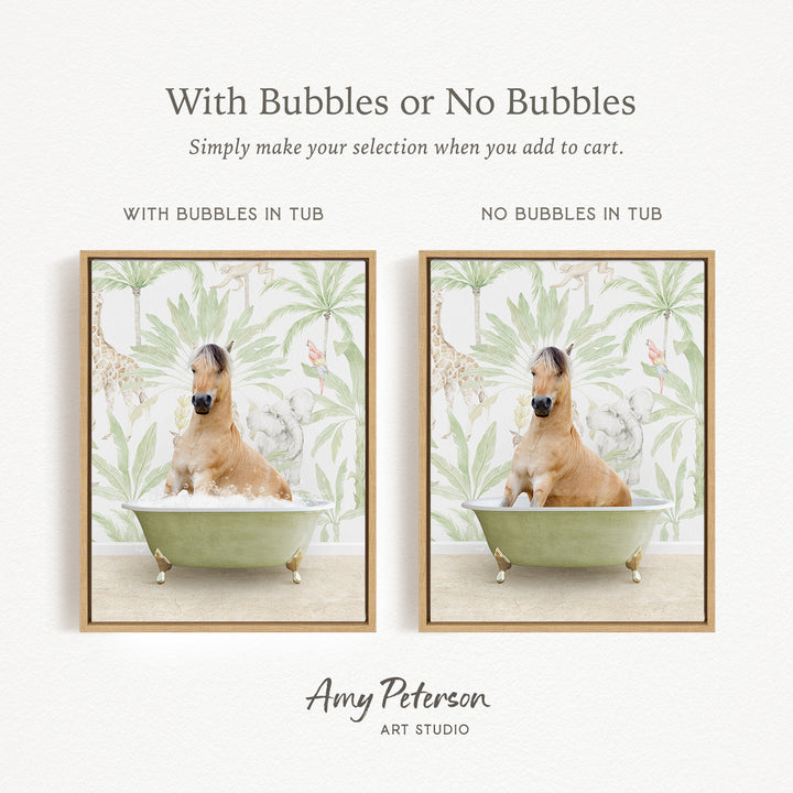 The image is a collage of two pictures featuring a horse in a bathtub. The first picture shows the horse sitting in the tub with bubbles, while the second picture shows the horse sitting in the tub without bubbles. The text above the images reads "With Bubbles or No Bubbles Simply make your selection when you add to cart."