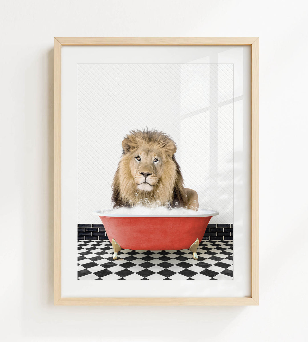 A lion sitting in a red bathtub filled with water, surrounded by a black and white checkered floor.
