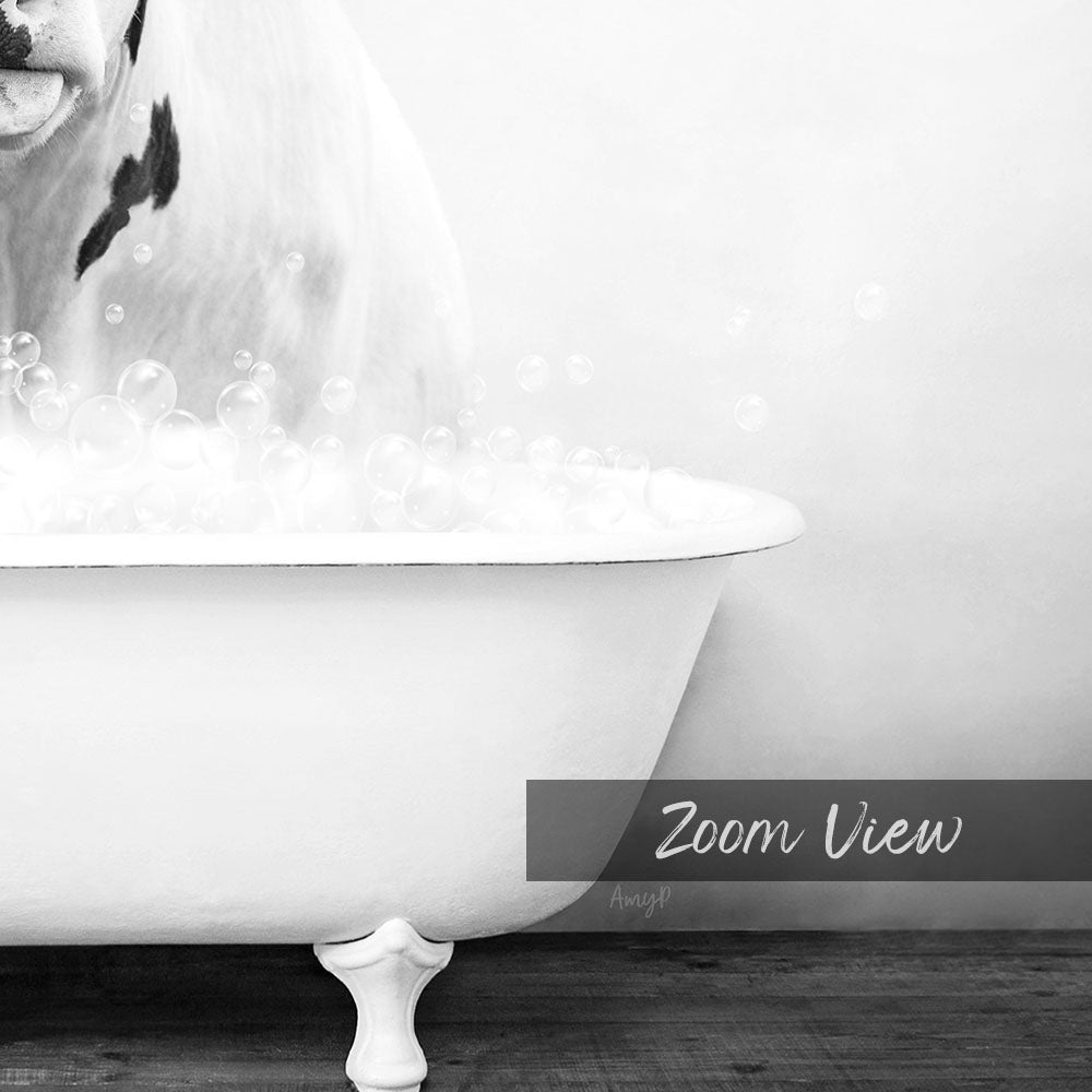 A close-up of a white bathtub filled with bubbles, with a dog's face partially visible in the background.