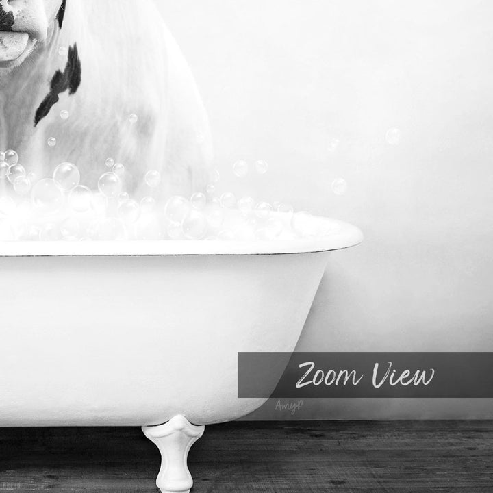 A close-up of a white bathtub filled with bubbles, with a dog's face partially visible in the background.