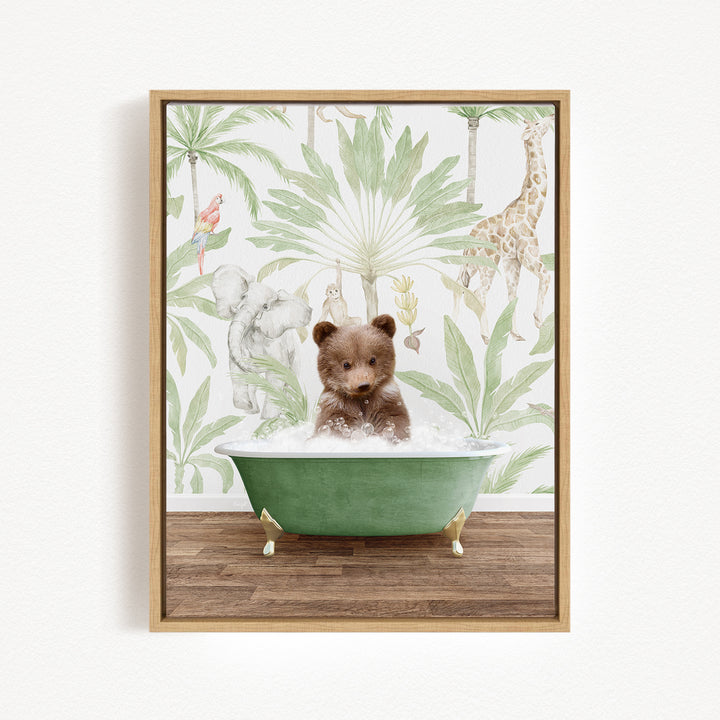 A brown bear is sitting in a green bathtub filled with water, surrounded by tropical plants and animals, such as a giraffe and a parrot, in a whimsical and playful scene.