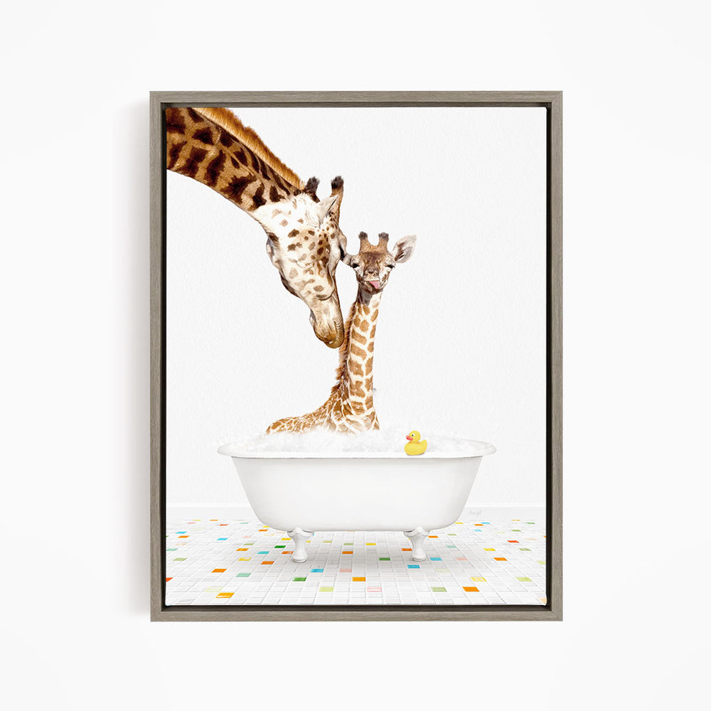A mother giraffe and her baby giraffe are enjoying a bath together in a white bathtub, with a yellow rubber duck floating in the water.