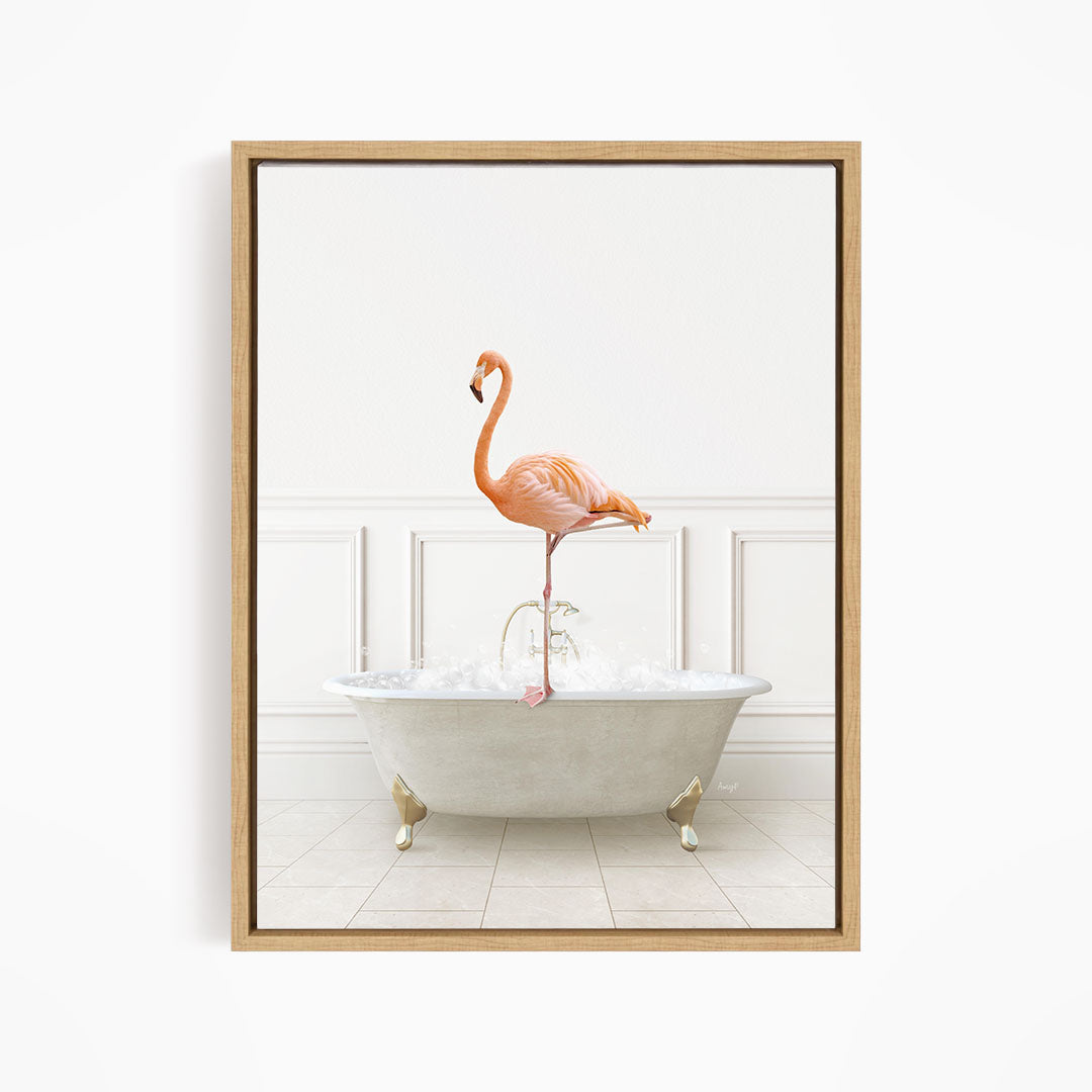 A flamingo standing on the edge of a white bathtub filled with water, creating a whimsical and playful scene.