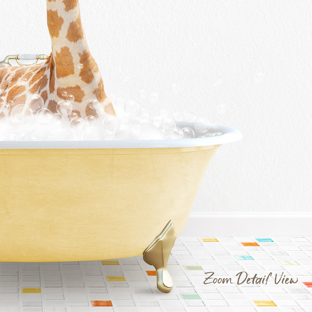 A giraffe standing in a yellow bathtub filled with bubbles, with a colorful tiled floor in the foreground.