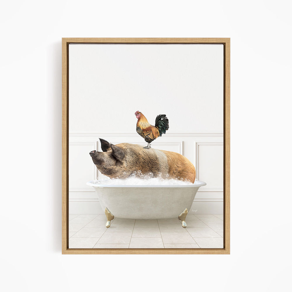 A rooster sits atop a pig in a bathtub, creating a whimsical and humorous scene.