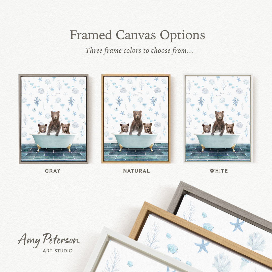 three framed canvas options featuring a bear and two baby bears in a bathtub. The options include a gray frame, a natural frame, and a white frame.