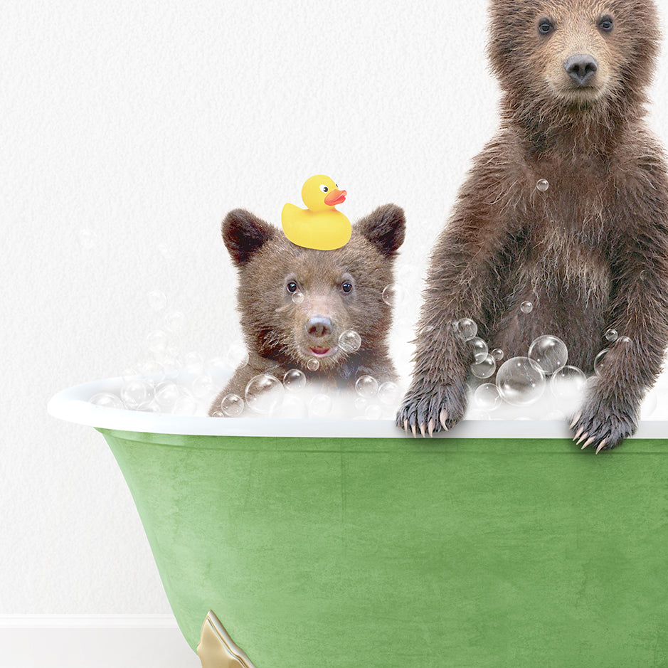 two brown bears in a bathtub with rubber ducky hats