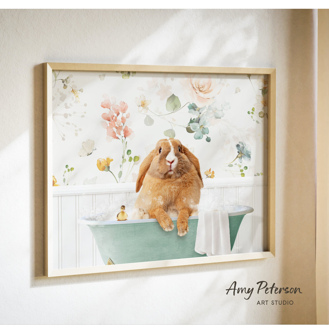 A framed print of a rabbit sitting in a bathtub filled with water and surrounded by flowers.