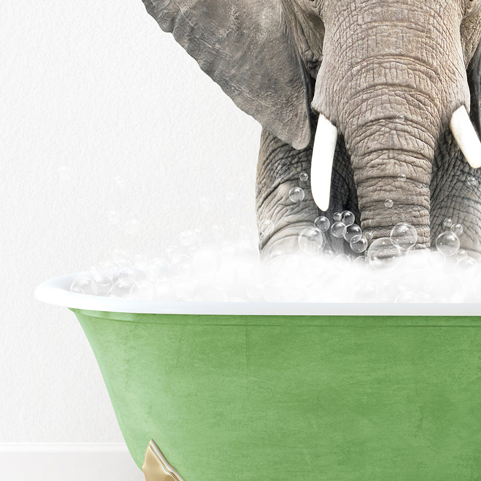 an elephant is taking a bath in a green bowl