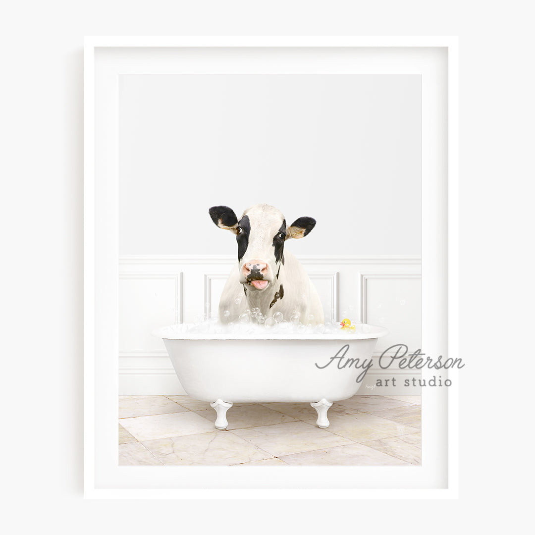 a cow sticking its head out of a bathtub