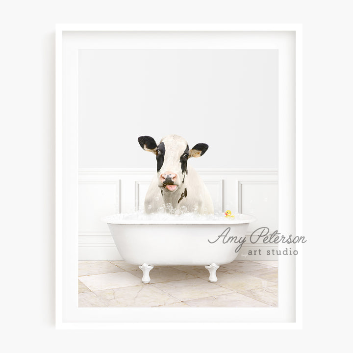 a cow sticking its head out of a bathtub