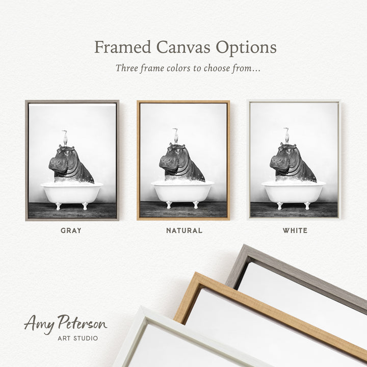 three framed canvas options, each featuring a black and white photograph of a hippopotamus sitting in a bathtub. The options include a gray frame, a natural frame, and a white frame.