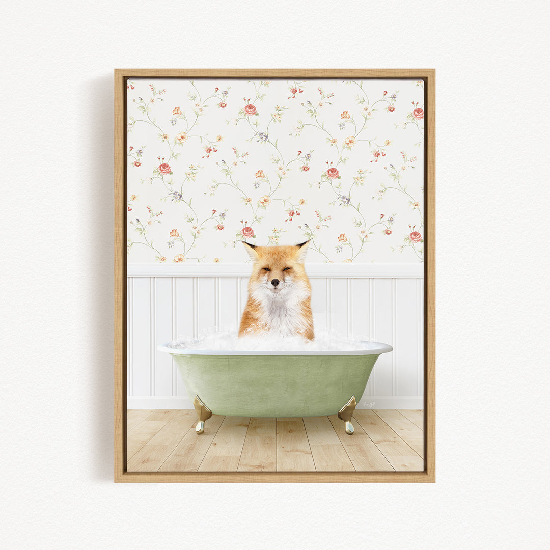 A fox is sitting in a green bathtub filled with water, surrounded by a floral wallpaper.