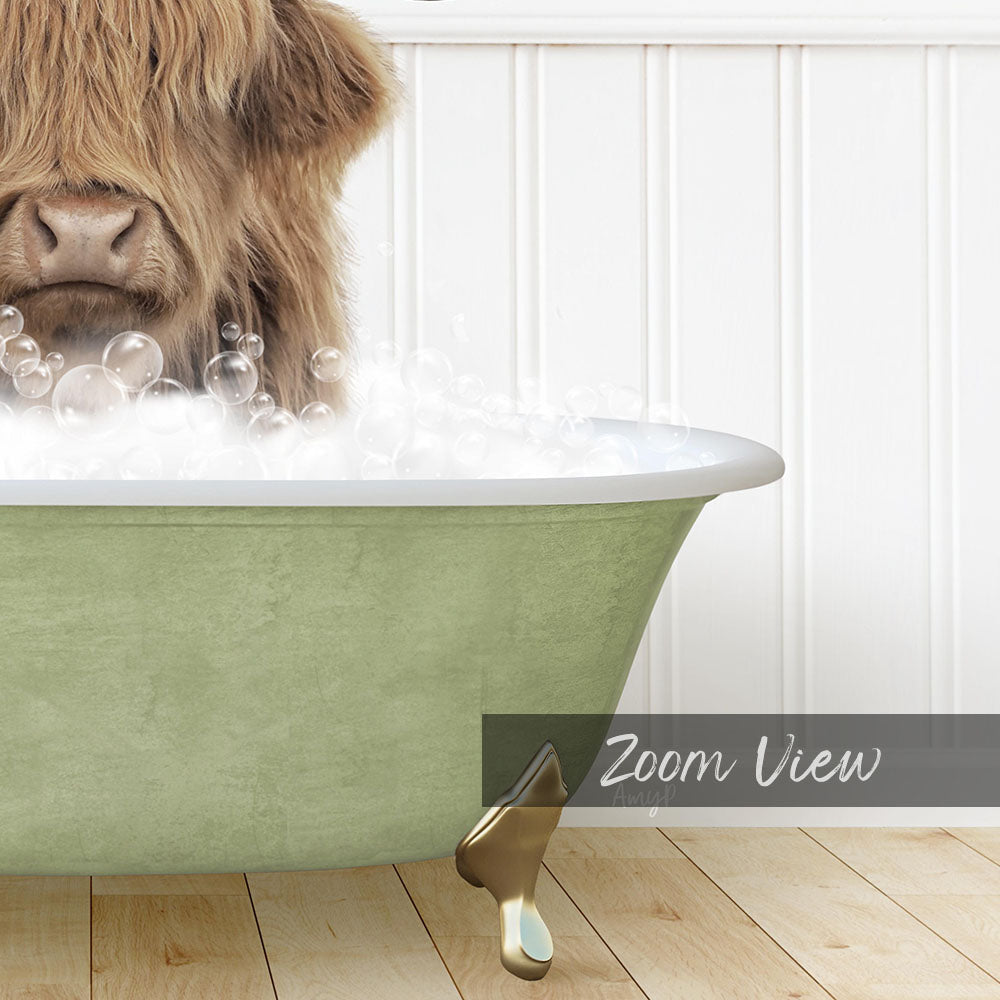 A brown cow is sitting in a green bathtub filled with bubbles, creating a whimsical and playful scene.